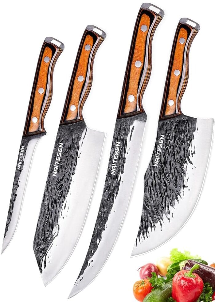 4PCS Hand Forged Butcher Knife and Kitchen Knife 2 in 1 Set, Heavy Duty Meat Cleaver Serbian Chef Knife Breaking Knife Boning Knife for Meat Cutting Home Kitchen Cooking Camping...