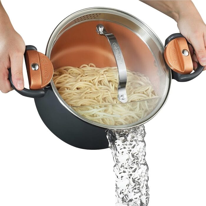 GOTHAM STEEL 5 Qt Ceramic Stock Pot Multipurpose Pasta Pot with Strainer Lid & Twist and Lock Handles, Nonstick Ceramic Pot for Soup, Spaghetti, Rice, Pots for Kitchen,...