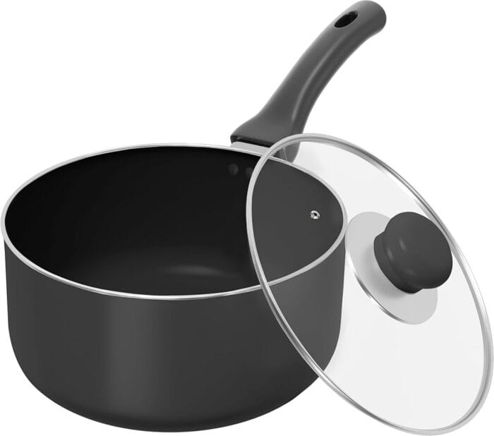 Utopia Kitchen 2 Quart Nonstick Saucepan with Glass Lid Bakelite Handle Induction Bottom Pot and Pan (Grey - Black)